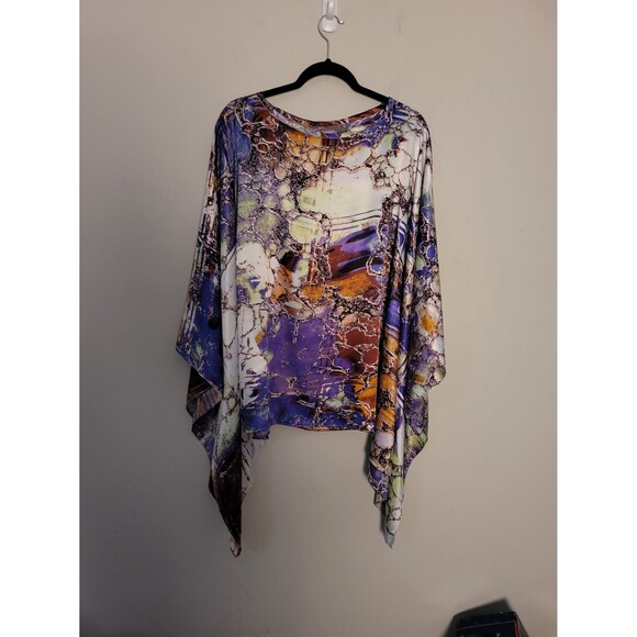 Thierry Roger Colorful Silky Poncho Top Artsy Comfy - Picture 4 of 6